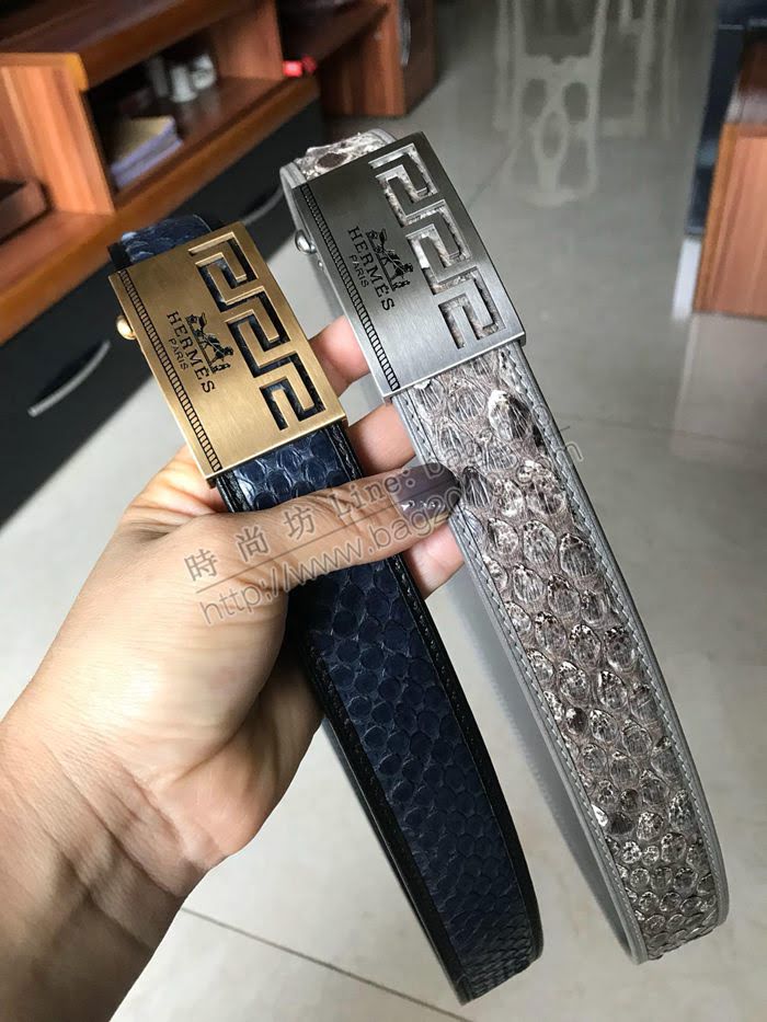 HERMES皮帶 大蟒蛇皮面 原版小牛皮底 商務休閒兩用 男士腰帶  hgh1891